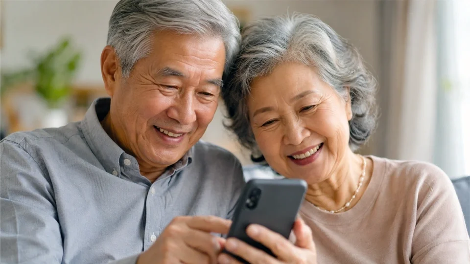 Elderly couple reading a message on a smart phone